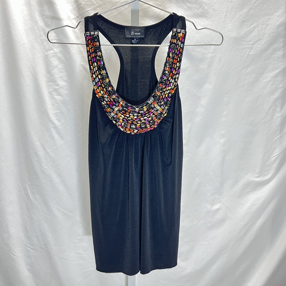 B-Wear Womens M Tank Dressy Black with bead neck accent Racer back